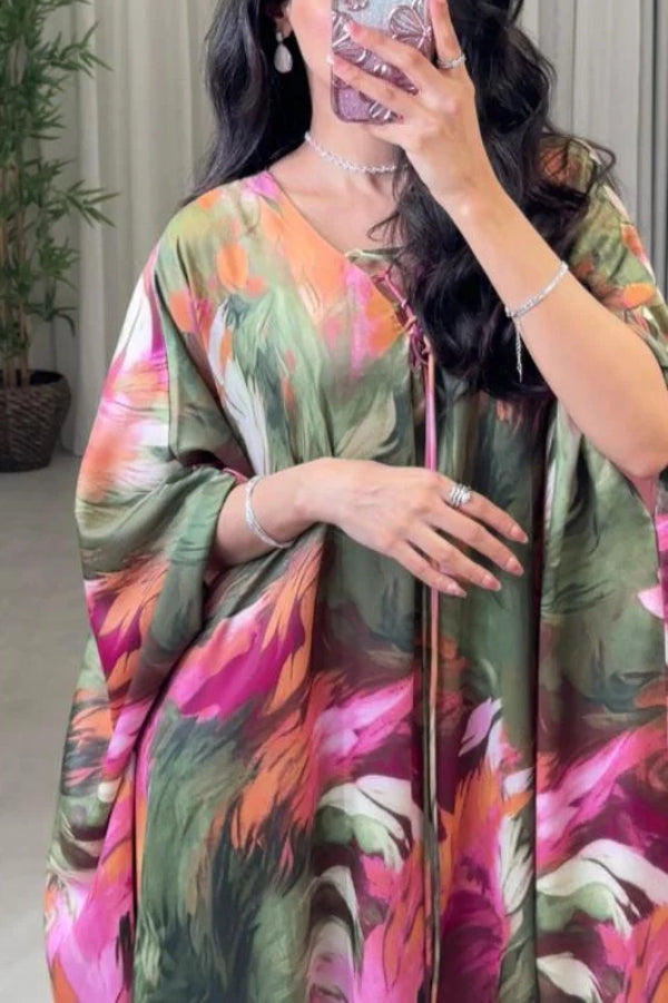 Unique Printed Loose V-Neck Kaftan Robe Maxi Dress