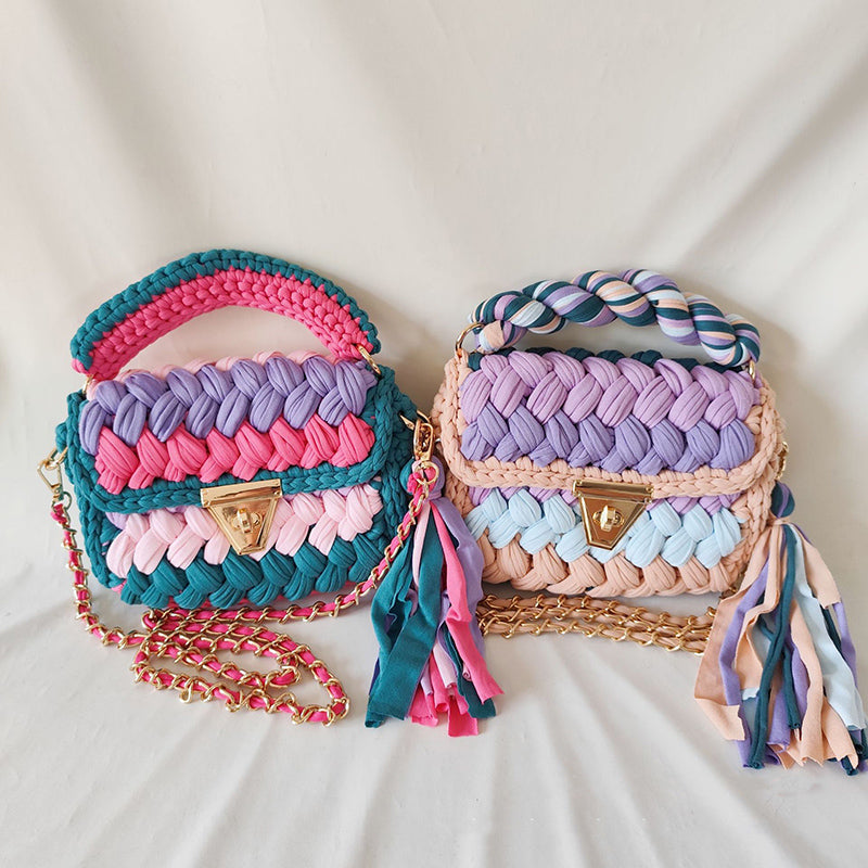 Contrast Color Stitching Braided Chain Tassel Bag