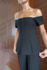 Solid Color Off-the-shoulder Single-breasted Top and Casual Pocket Straight-leg Pants Set