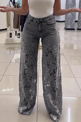 Fashion Hollow Lace Stitching Casual Pocket Denim Wide-leg Pants