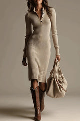 Solid Color Lapel Long-sleeved Ribbed Slim-fit Casual Midi Dress