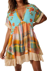 Bohemian Printed Casual Short Sleeve Ruffled Mini Dress