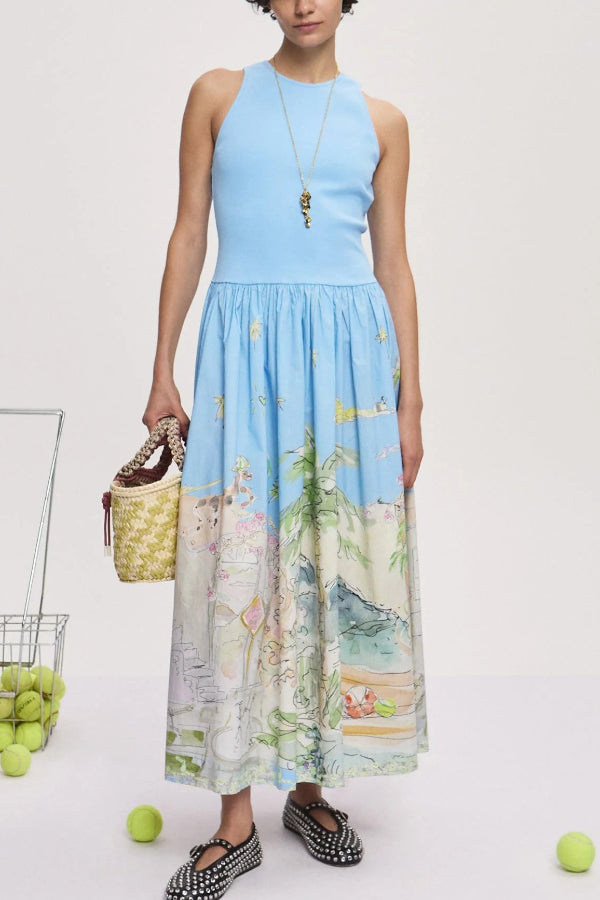 Ink Wash Print Round Neck Sleeveless Resort-style Midi Dress