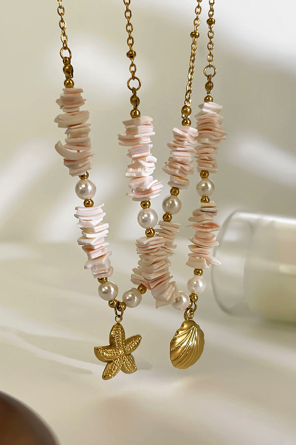Ocean Style Stainless Steel Shell Starfish Pearl Necklace