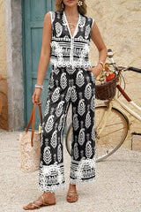 Bohemian Style Unique Print V-neck Sleeveless Top and Elastic Waist Casual Pocket Wide-leg Pants Set