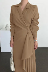 Elegant Long-sleeved Lapel Waisted Pleated Maxi Dress