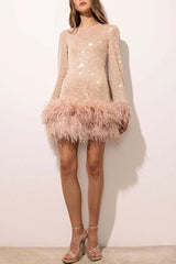 Stylish Sequined Feather Long-sleeved Sexy Backless Mini Dress