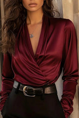 Solid Color Satin V-neck Long-sleeved Elegant Shirt