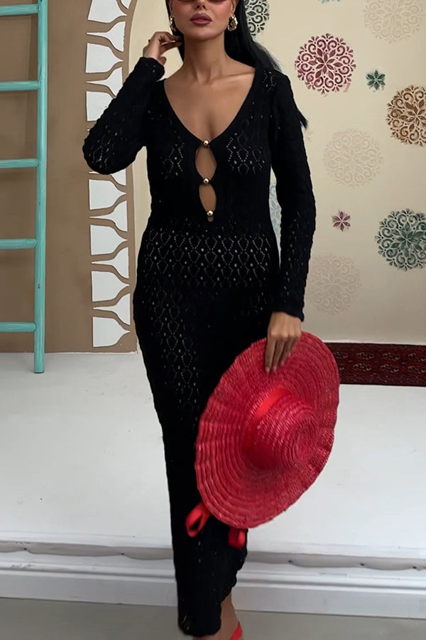 Fashion V-neck Long-sleeved Hollow Slim Maxi Dress