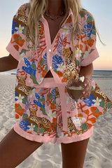 Leopard Plant Print Loose Button Elastic Waist Shorts Set