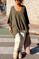 Fashion V-neck Loose Pocket Mid-length Knitted Poncho Sweater
