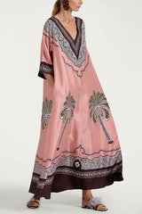 Satin Unique Print Casual V-neck Loose Holiday Maxi Dress