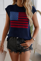 Independence Day Knitted Graphic Crew Neck Sleeveless Casual Top