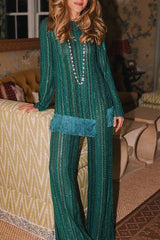 Relaxing Time Knit Zigzag Pattern Tassel Trim Slit Top and Wide Leg Pants Set