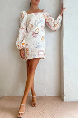 Zeus Puff Sleeve Unique Printed Back Zip Mini Dress