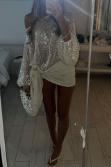 Maja Knit Sequin Hollow Out Wide Neck Balloon Sleeve Loose Cover-up Top