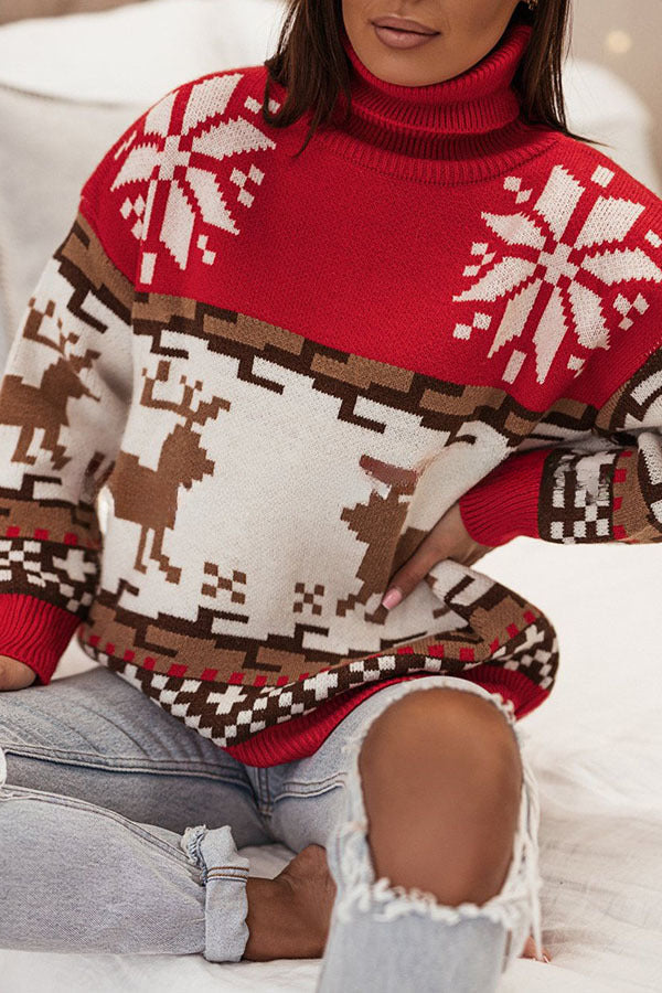 Christmas Reindeer Turtleneck Knitted Long Sleeved Sweater