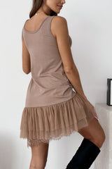 Breezy City Tulle Lace Tiered Hem Stretch Tank Mini Dress