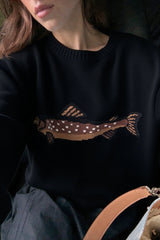 Fashionable Fish Pattern Round Neck Loose Knitted Sweater