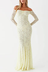 Sexy Off Shoulder Long-sleeved Lace Slim Fishtail Maxi Dress