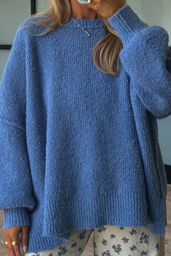 Solid Color Loose Long-sleeved Round Neck Knitted Split Sweater