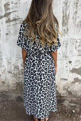 Fashionable Leopard Print Short Sleeve Tie Waist Elegant Maxi Dress
