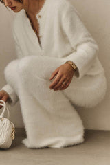 Solid Color Long-sleeved Button-pocket Knitted Jacket and Elegant Long Skirt Set