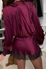 Telsi Satin Bow Neck Shoulder Pads Long Sleeve Lace Trim Mini Dress