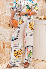 Summer Plant Fruit Print Casual Short Sleeve Shirt and Elastic Waist Loose Wide Leg Pants Set