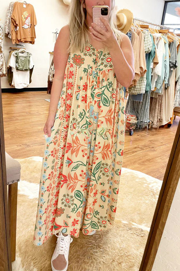 Vintage Boho Floral Print Pocketed Loose Jumpsuit