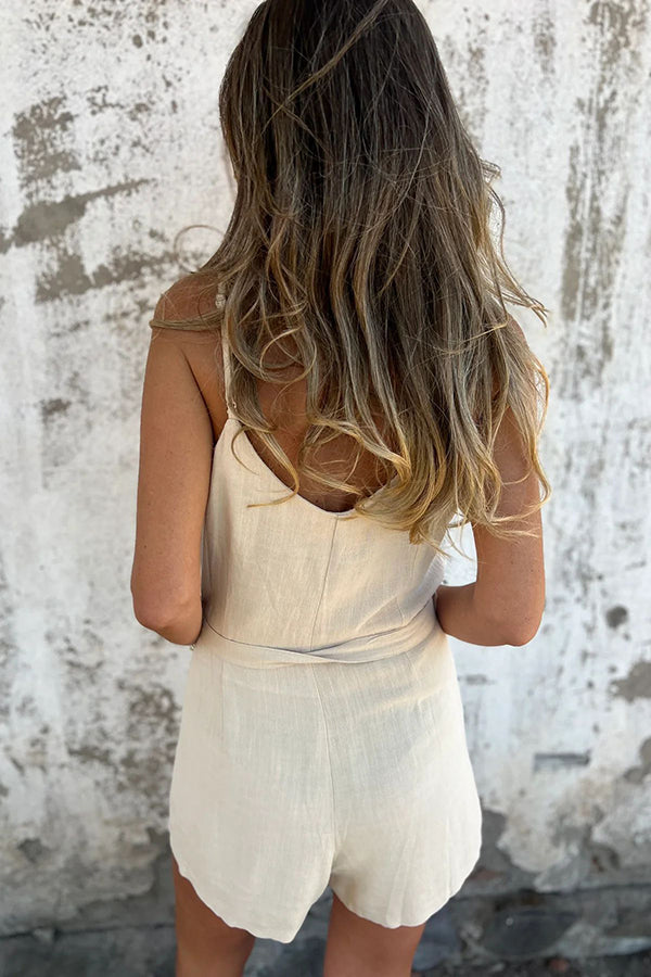 Linen Blend Solid Color Suspender Tie Pocket Casual Rompers