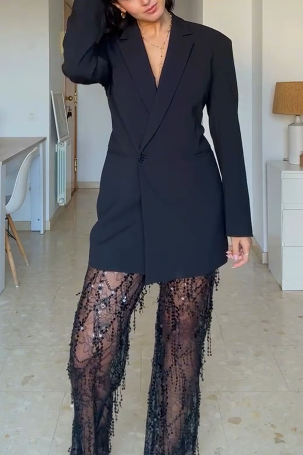 Yulissa Layered Sequin Tassels Mid Rise Stretch Wst Wide Leg Pants