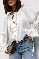 Satin Solid Color V-neck Tie Ruffle Casual Shirt