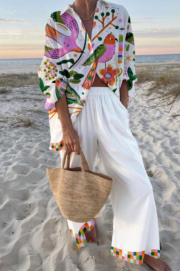 Bird Print Oversized Shirt and Elastic Waist Pocket Pants Set