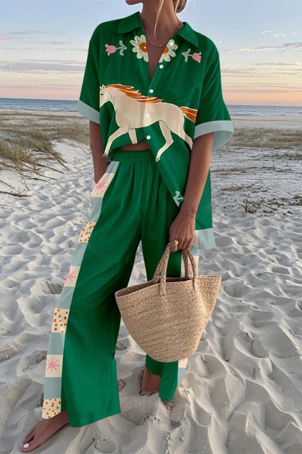 White Horse Print Oversized Shirt and Elastic Waist Pocket Pants Set