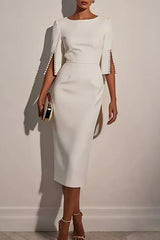 Solid Color Elegant Round Neck Half Sleeve Beaded Decorated Slim Fit Midi Dress