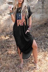 Independence Day Printed Casual Short Sleeve Pocket Loose Midi Dress