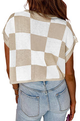 Fashionable Checkerboard Color Block Short-sleeved Loose Sweater