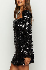 Bring The Disco Large Sequins Square Neck Long Bell Sleeve Backless Slit Mini Dress