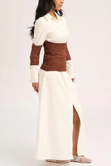Fashionable Pleated Contrast Patchwork Waist Long Sleeve Button Shirt Maxi Dress