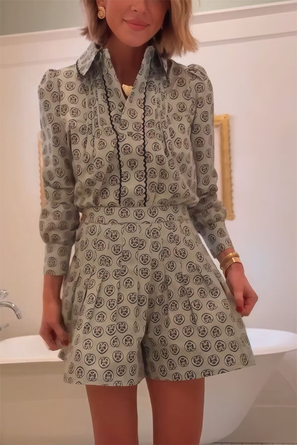 Deelia Unique Print Scalloped Edges Long Sleeve Blouse and Pleated Button Waist Flare Shorts Set