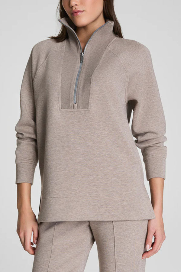 Alfia Ribbed Stand Zipper Neck Long Sleeve Sweatshirt and Button Elastic Waist Pocketed Loose Pants Set