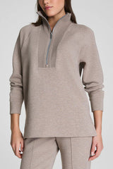 Alfia Ribbed Stand Zipper Neck Long Sleeve Sweatshirt and Button Elastic Waist Pocketed Loose Pants Set