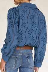 Fashion Hollow Puff Sleeve Casual Lapel Loose Shirt