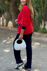 Stylish Color-blocked V-neck Knitted Button-down Cardigan and Elastic Waist Casual Wide-leg Pants Set