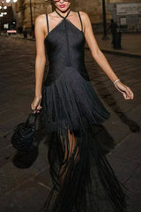 Sexy Halterneck Open Back Elegant Tassel Slim Maxi Dress