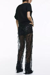 Yulissa Layered Sequin Tassels Mid Rise Stretch Wst Wide Leg Pants