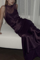 Remeah Mesh Satin Patchwork High Neck Back Cutout Button Maxi Dress