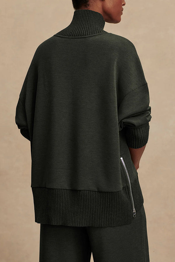 Barker High-Neck Long Sleeve Side Zipper Sweatshirt and Elastic Waist Pocketed Loose Pants Set