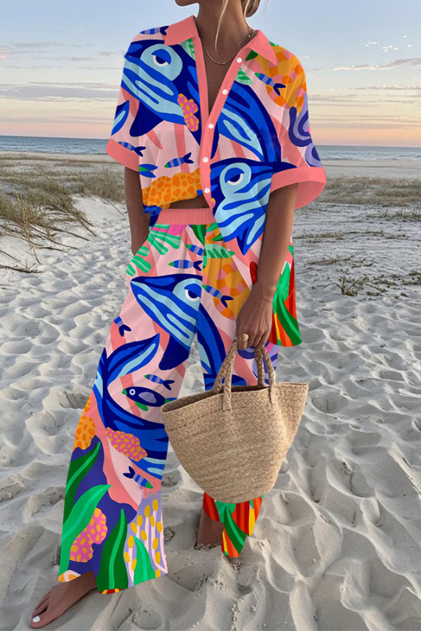 Whale Print Oversized Shirt and Elastic Waist Pocket Pants Set
